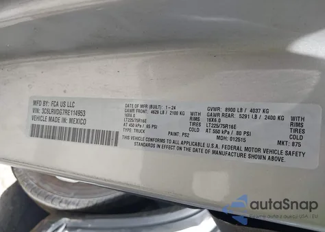 2024 Ram Promaster 2500 Slt High Roof 159 Wb из США, поврежденный, VIN 3C6LRVDG7RE114953